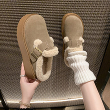 批发厚底豆豆鞋毛毛鞋女加绒棉鞋2025秋冬新款复古棕色懒人棉拖鞋