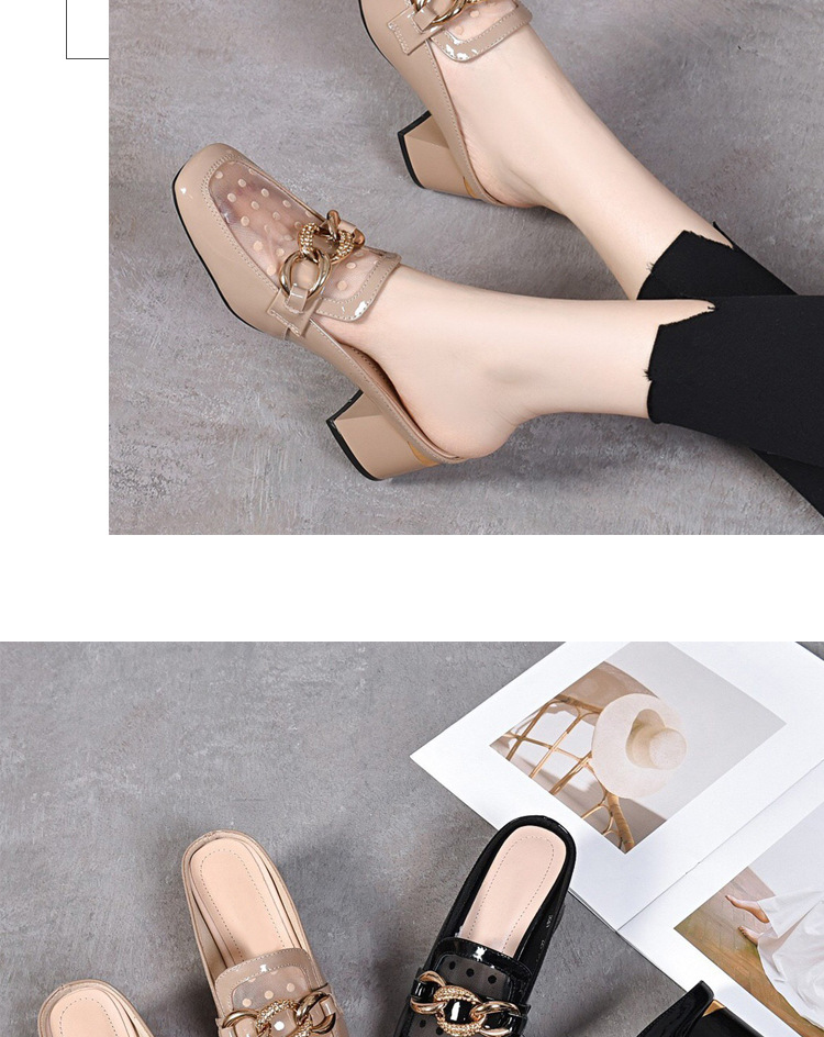 Giày mule nữ da bóng mũi kín, gót thấp, lưới khoét lỗ thoáng khí — Màu đen chi tiết 18