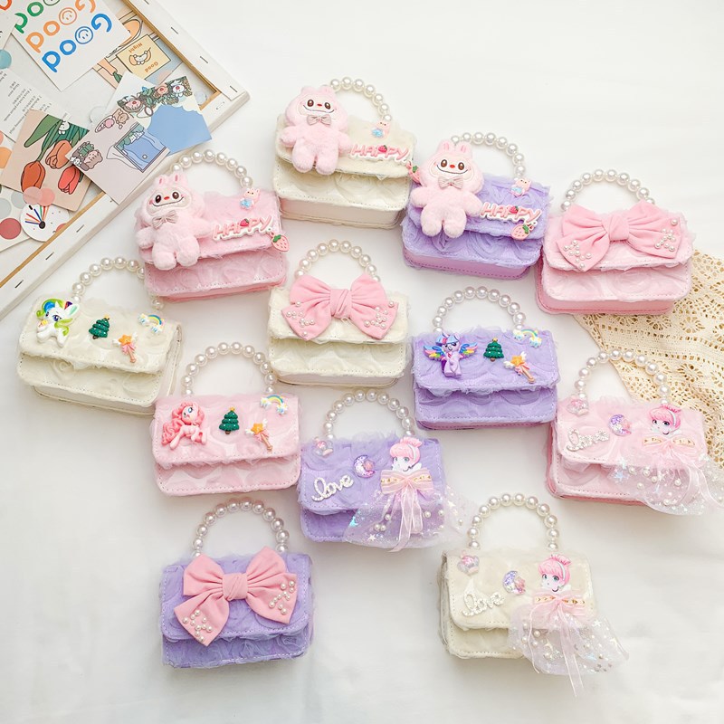Nuevo bolso para niños, bolso de perla de princesa de dibujos animados, lazo lindo, bandolera para niñas, monedero
