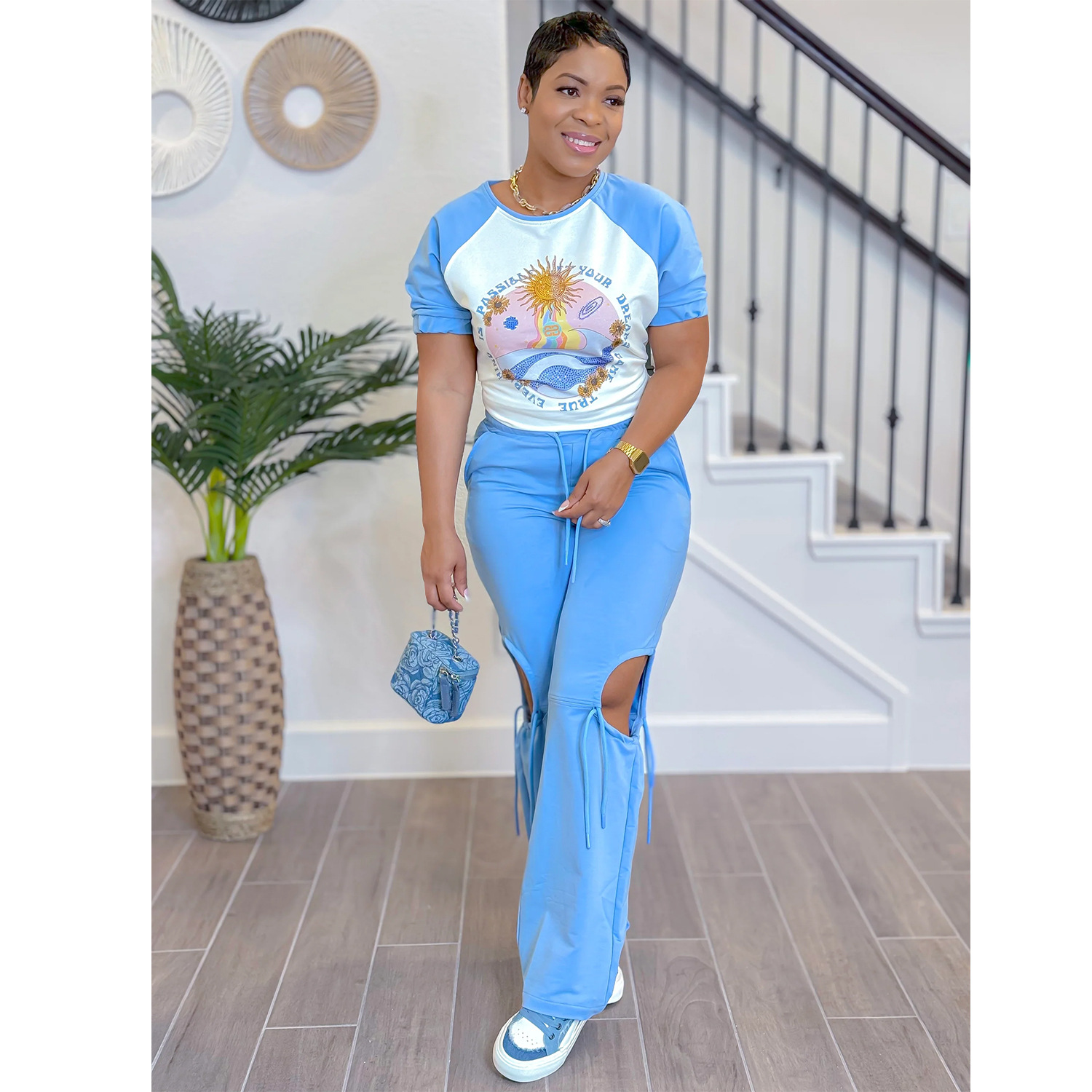 C6998 Aliexpress transfronterizo Amazon estación independiente de moda europea y americana impresión multicolor de ropa de mujer manga corta pantalón largo conjunto