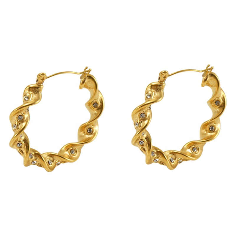 Europeo y americano de acero inoxidable torcido giro pendientes mujer moda temperamento Internet celebridad diamante-incrustado ronda de acero de titanio pendientes al por mayor