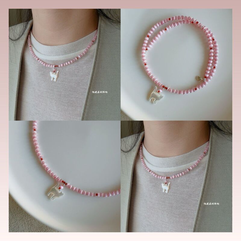 【Girl's Cat】Original Pink Cat's Eye Stone Summer Simple White Mother-Of-Pearl Cat Bead Necklace for Women, Niche and Sweet