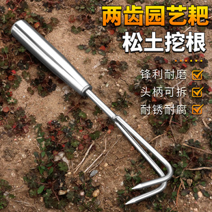 Stainless Steel Soil Rake Gardening Two-Teeth Rake Planter Gardening Tools Household Cleaning Flower Pot Rake Grass Soil Rake Artifact Hand