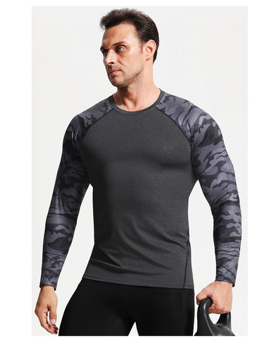Autumn and Winter Men's Long-Sleeved Printed Sports T-Shirt—Thermal Base Layer for Running, Marathons, and Fitness—Compression Wear