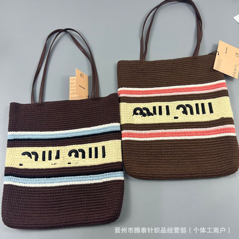 New Luxury Miu Miu Beach Tote Bag Shopping Bag Straw Woven Bag Large Capacity Simple Style Casual Shoulder Bag for Women