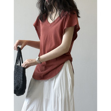 言双 韩系v领褶皱收腰T恤女 夏季别致U型下摆微透显瘦上衣82530