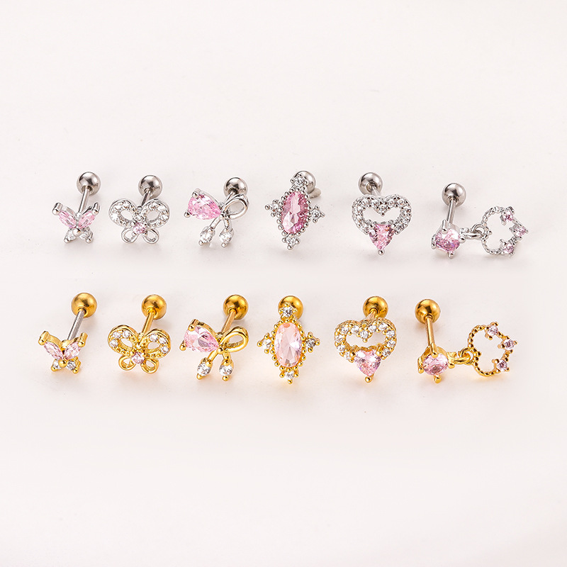 Sweet Heart Shape Bow Knot Stainless Steel Plating Zircon Ear Studs 1 Piece