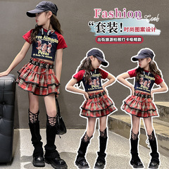 女童套裝短款t恤辣妹夏裝女孩短裙蛋糕裙修身短袖夏季jk裙三件套