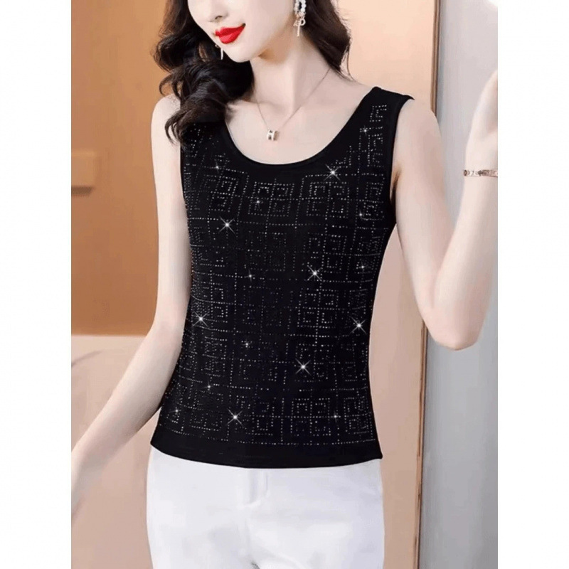 2025 New Summer Style Elegant Square Hot Diamond High Elastic Vest Women's Bottoming Sleeveless Outer Vest Top Women