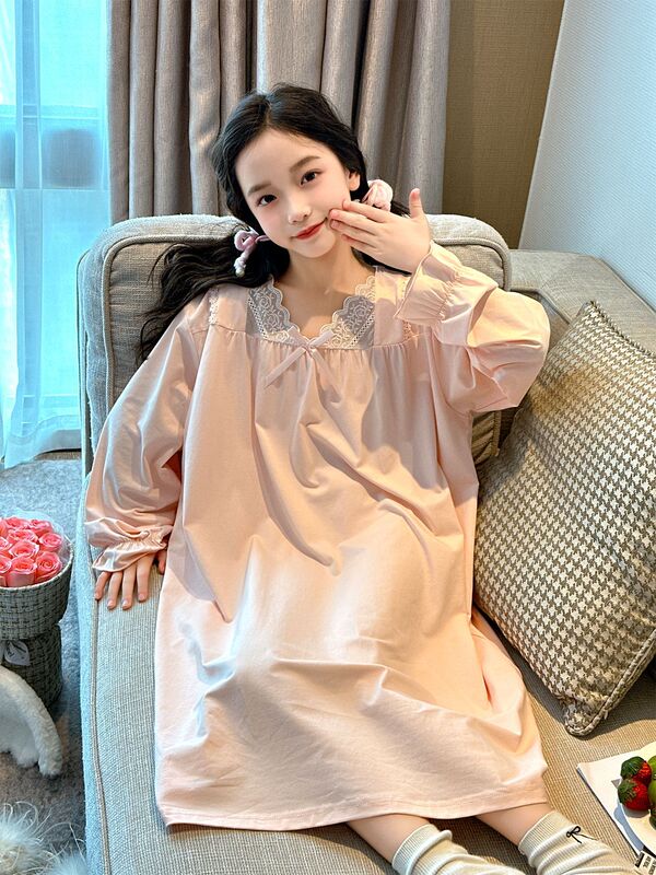 睡裙女童春秋款纯棉长袖睡衣女孩2025秋新款初中生大童公主家居服|undefined