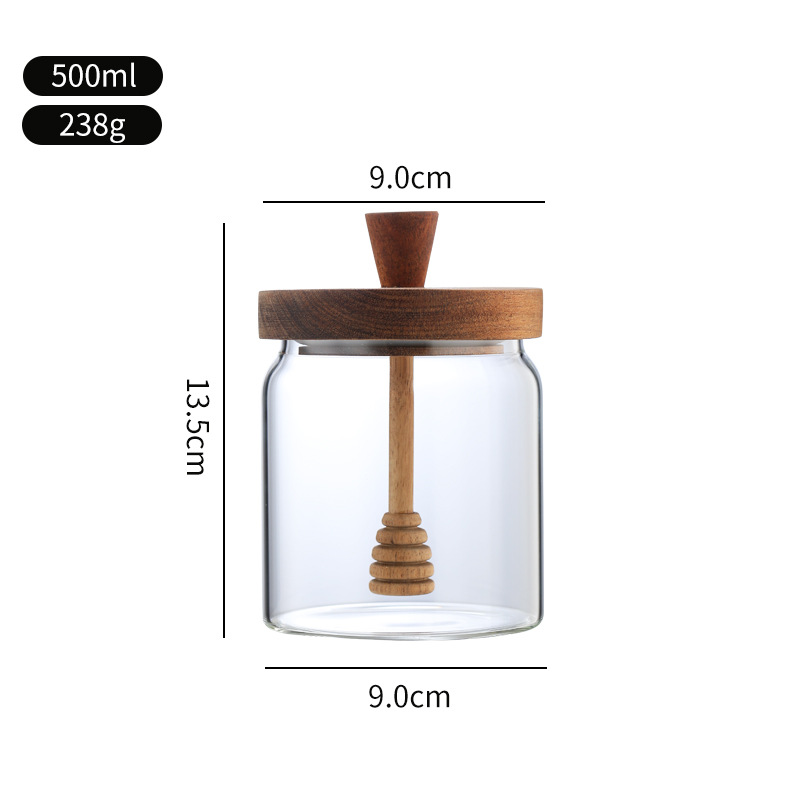Tanque de almacenamiento de madera de acacia, tanque de miel, barra de mezcla transparente con tapa de borosilicato, tanque de vidrio sellado de almacenamiento de cocina