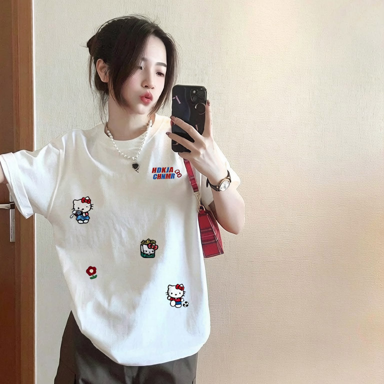 White Pure Cotton Hello Kitty Cartoon Print Short-Sleeve T-Shirt for Women, 2026 New Style, Large Size, Loose Casual Top White Pure Cotton Hello Kitty Cartoon Print Short-Sleeve T-Shirt for Women, 2026 New Style, Large Size, Loose Casual Top
