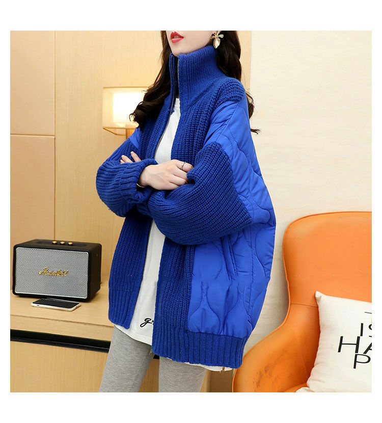 Blå stickad kofta för dam oversize vinter cardigan tröja_voghion.com