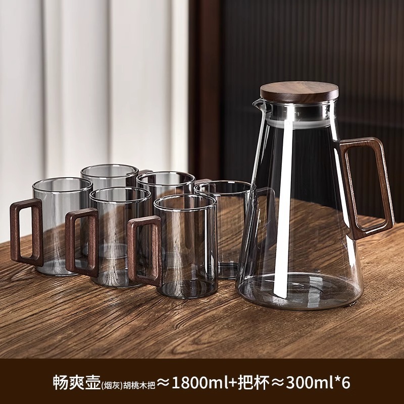 見栄えの良い家庭用コールドケトル冷水カップティーカップセット耐熱防爆高ホウケイ酸ガラス木製蓋大容量|undefined