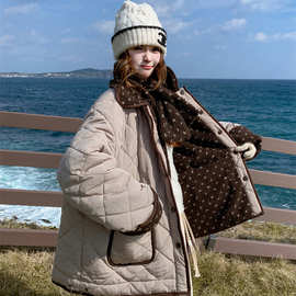 撞色波点菱格两面穿短款羽绒棉服外套女冬季2025新款设计棉衣棉袄