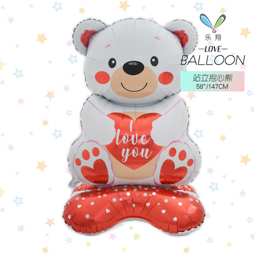 新款跨境站立底座铝膜气球LOVE爱心熊大造型求婚告白派对装饰卡装