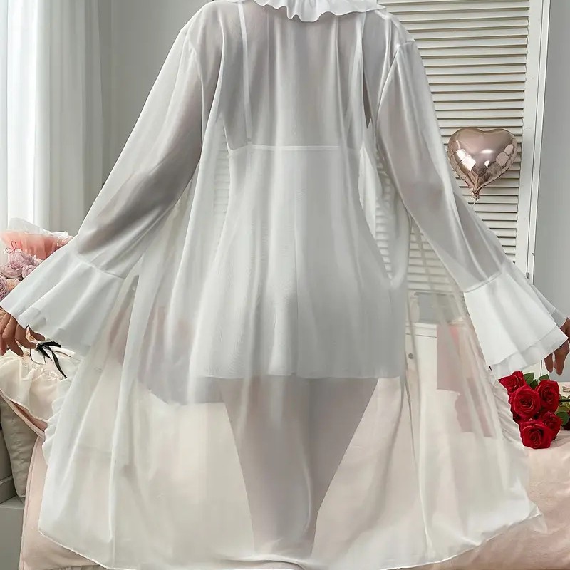 Sexy zomernachtjurk/slipjurk in grote maten, doorschijnend kant, in roze/wit, XXL, voor dames, gemaakt van polyester._voghion.com