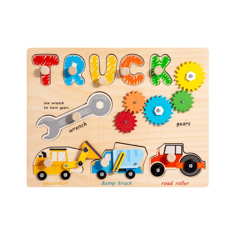 Iluminación transfronteriza, educación temprana, vehículos de ingeniería de madera para niños, herramientas de tablero ocupado, rompecabezas, tablero ocupado, juguetes educativos tridimensionales