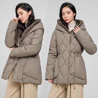 欧货2025新款棉服女中长款宽松收腰显瘦连帽加厚加绒菱形棉袄外套