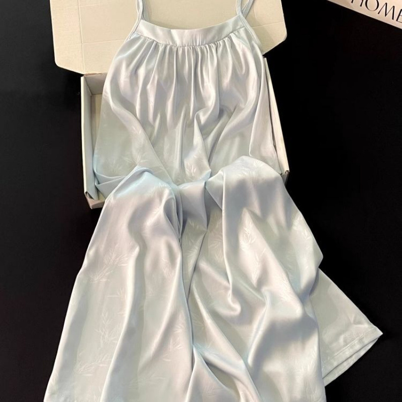 Plus Size 100kg Ice Silk Camisole Sexy Mid-Length Nightdress for Women, Summer Thin Chinese Style Bamboo Leaf Print Loungewear