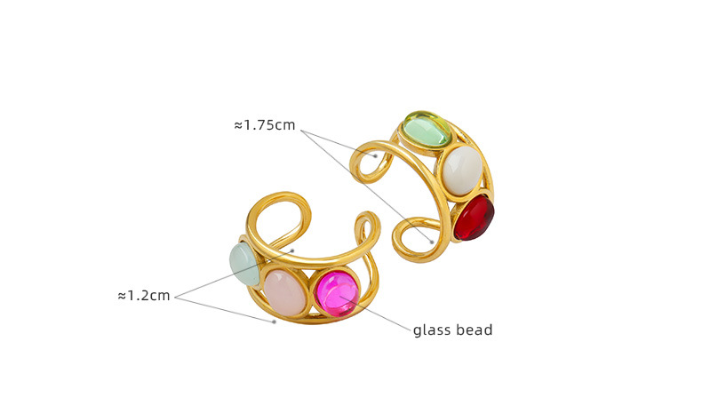 Retro Oval Titanium Steel Inlay Glass Bead Open Ring