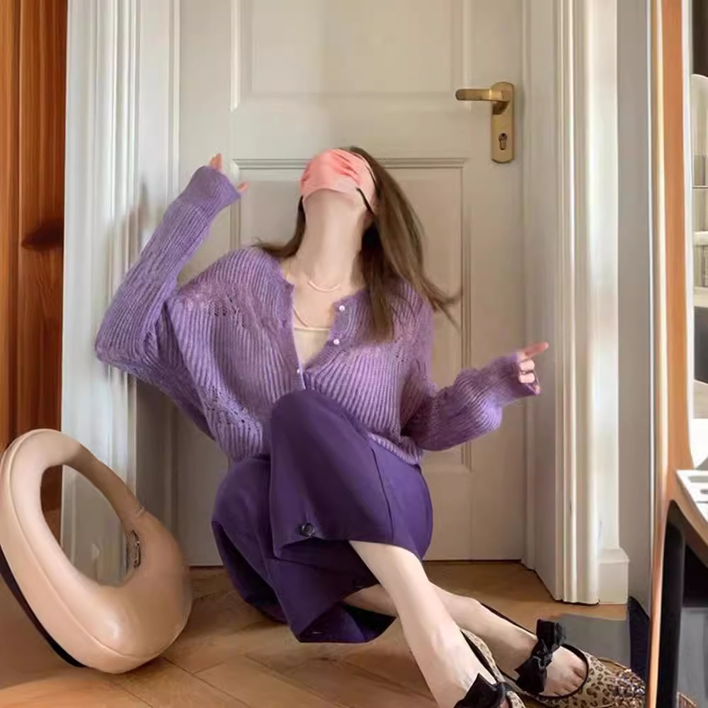 紫色短款针织衫毛衣秋冬女装日系慵懒风奶里奶气今年流行漂亮上衣