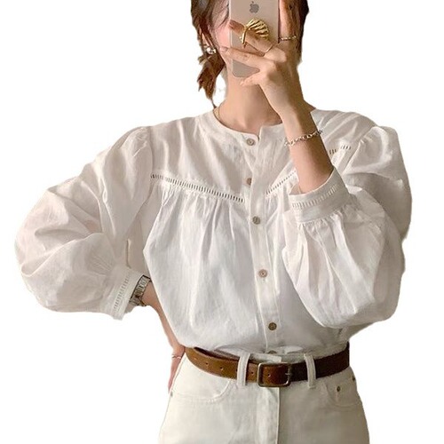 Korean Dongdaemun 2024 New Women's Chic Patchwork Lacing Lace Fashion Spring and Autumn Solid Color Shirt