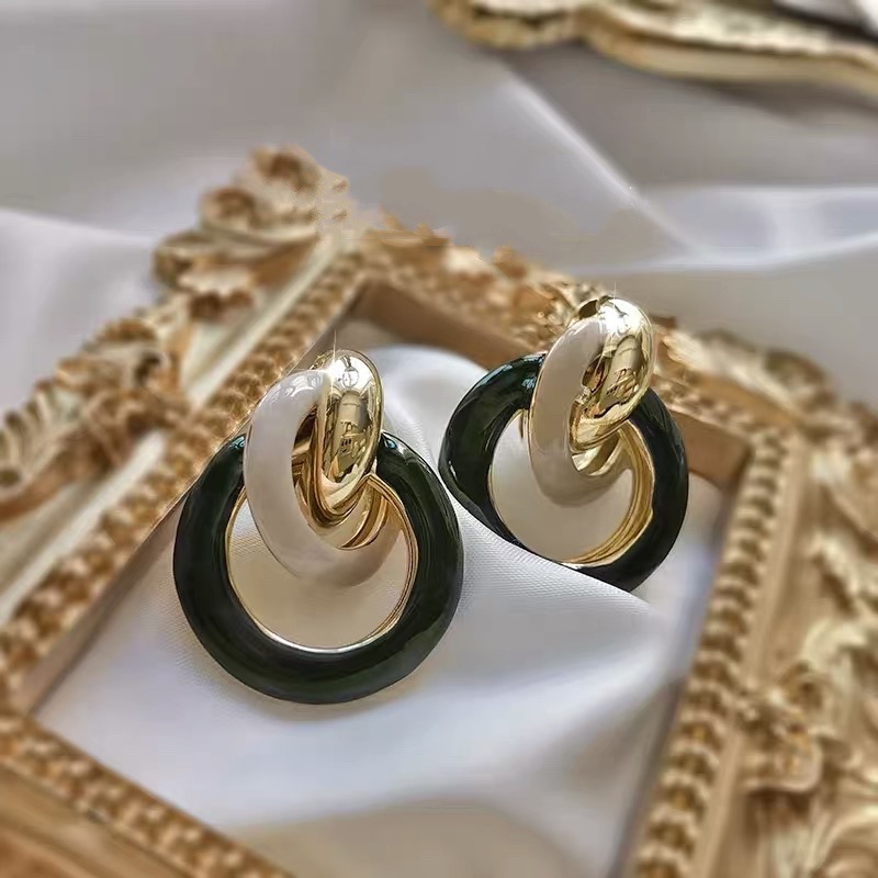 欧美新款滴釉几何圆圈耳环简约个性设计感撞色夸张潮流耳钉耳饰