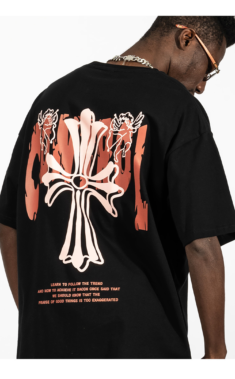 Camiseta masculina com estampa cruzada American Street 220gt, manga curta, tamanho solto, moda hip hop, estilo casal_voghion.com