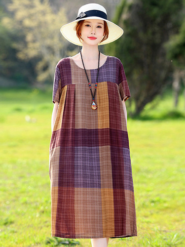 New Elegant Cotton Silk Dress for Summer Women, Floral Pattern, Fashionable Mother's Dress for Middle-Aged and Elderly Women