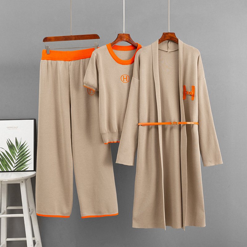 Cross-Border Casual Woolen Suit for Women in Autumn and Winter Round Neck Short Sleeves + Long Cardigan + Casual Wide-Leg Pants Three-Piece Set for Trendy Women Cross-Border Casual Woolen Suit for Women in Autumn and Winter Round Neck Short Sleeves + Long Cardigan + Casual Wide-Leg Pants Three-Piece Set for Trendy Women