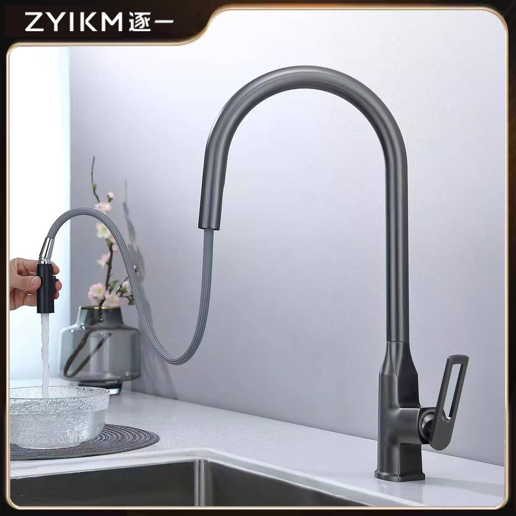 Gun Gris Gris Gris Tap Lavabo de verduras frío y caliente Lavabo de fregadero Grifo retráctil Cobre Negro a prueba de salpicaduras