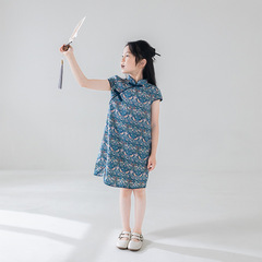 童裝2024夏季新款純棉中式旗袍開叉連衣裙中大童古裝國風兒童長裙