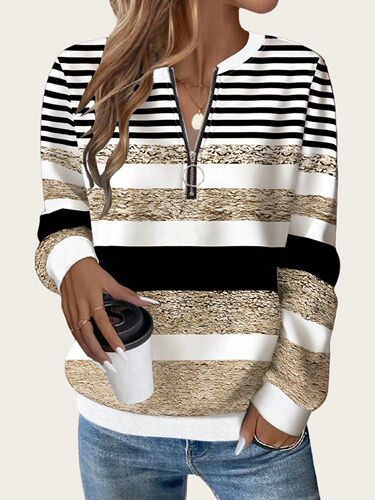 European and American women's clothing autumn and winter new long-sleeved round neck black and white striped shirt large size casual half-zipper sweater for women