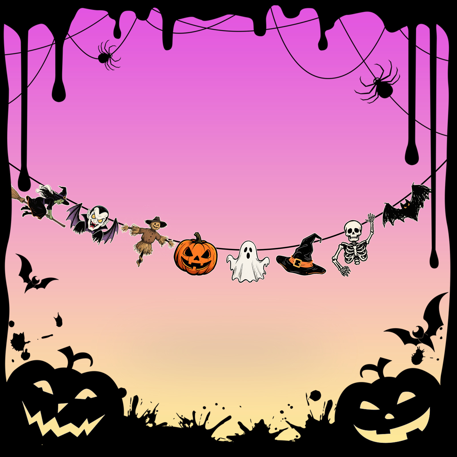 Transfronterizo Halloween calabaza murciélago papel tira bandera dormitorio sala de estar decoración de pared bandera de decoración de fiesta de Halloween