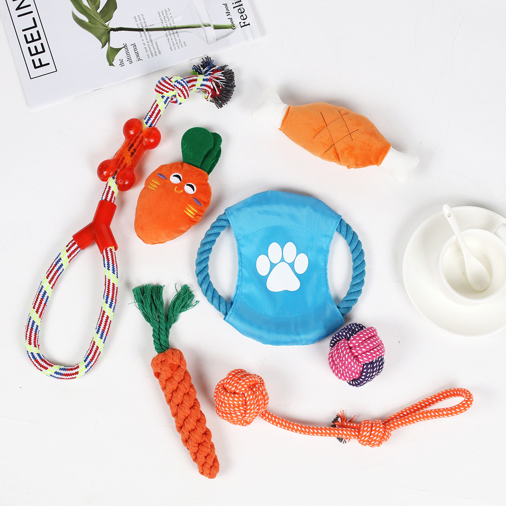 Mascotas transfronterizas perros juguetes de cuerda de algodón perros dorados molares dientes limpios coloridos perros mordedura cuerda de algodón conjunto de juguetes