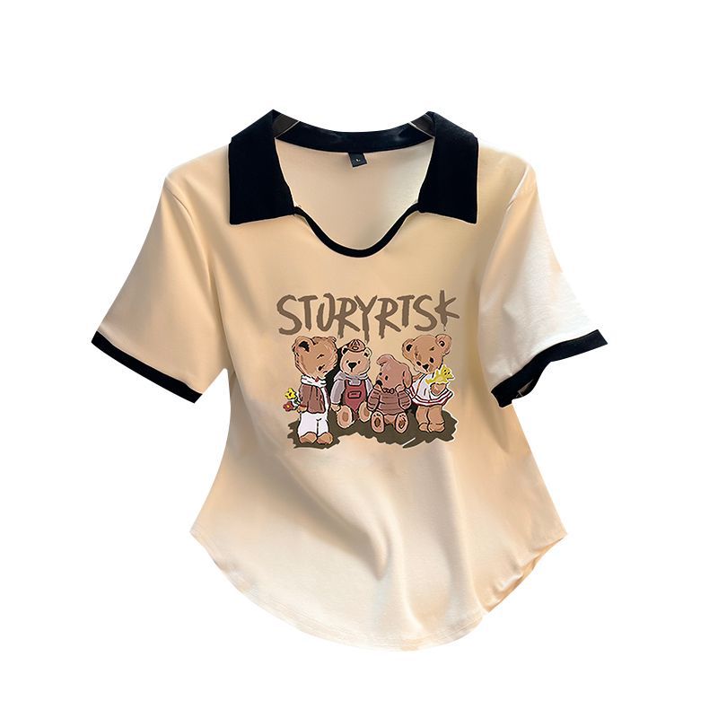 Camiseta de hombro más el tamaño de las mujeres 2023 Verano manga corta estilo francés Chubby Girl diseño vientre que cubre adelgazamiento POLO cuello carne escondite top image 6