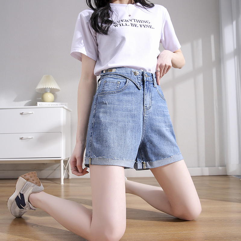 2022 Spring and summer Korean Edition new pattern Add fertilizer XL shorts Fat sister Paige Flanging Elastic force Easy cowboy Hot pants