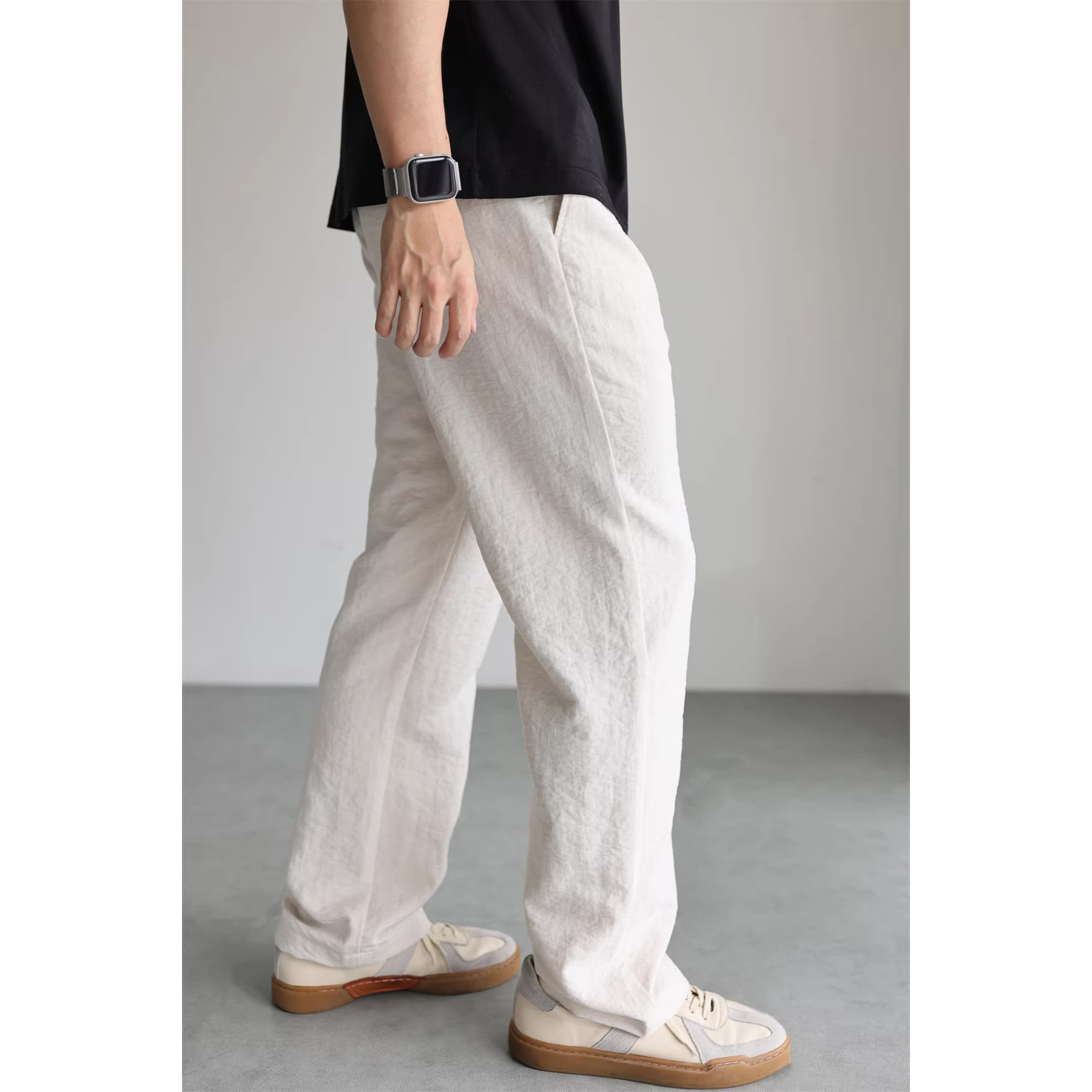 Pantalones de lino de seda de hielo no arrugados cintura elástica pantalones de pierna ancha hombre fábrica transfronteriza al por mayor poliéster imitación de lino