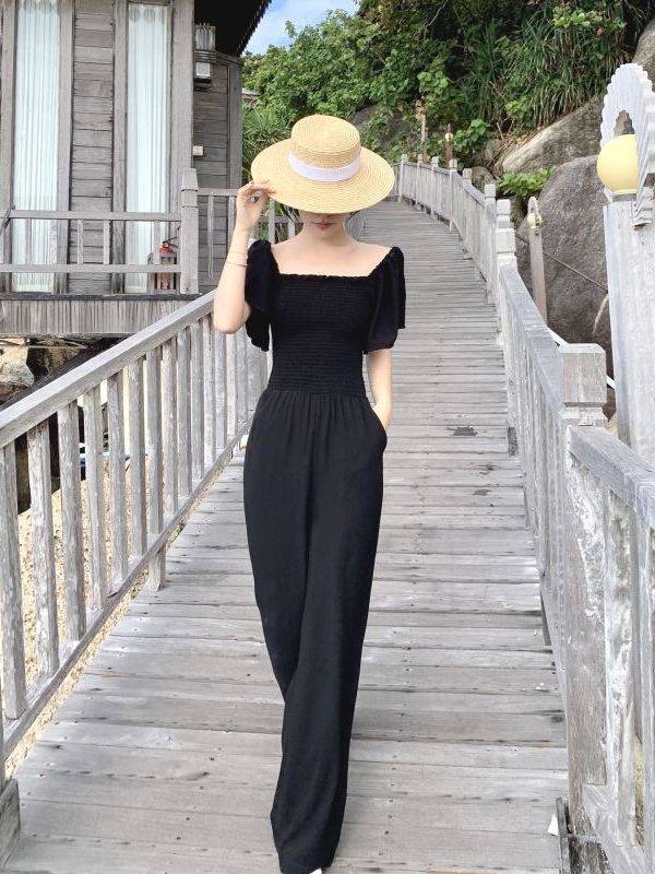 Verano y otoño nuevo mono de las mujeres elegante drapeado de alto grado mono ancho-pierna fuera del hombro mono traje