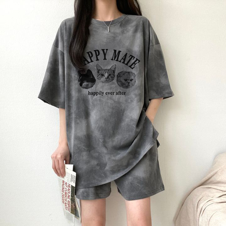 Special offer summer sports cat tie-dyeing foreign trade clothing suit women's casual crew neck short sleeve two-piece Korean style