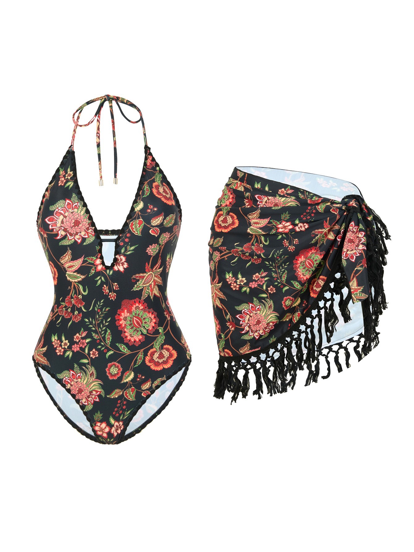 Sexy Bikini-Set mit tiefem V-Ausschnitt, kurzem Rock und Quasten – einteiliger Badeanzug für Damen. Genießen Sie die Bewegungsfreiheit._voghion.com
