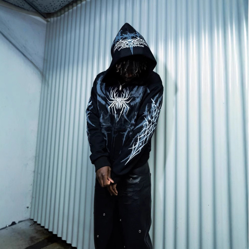 Felpa con cappuccio e zip con stampa 3D ispirata al gotico: abbigliamento streetwear unisex oversize con estetica dark_voghion.com