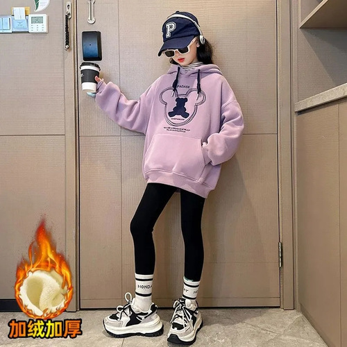 Girls' loose velvet hooded sweatshirt  autumn and winter new medium and large children's all-in-one velvet bottoming shirt Korean style top trend