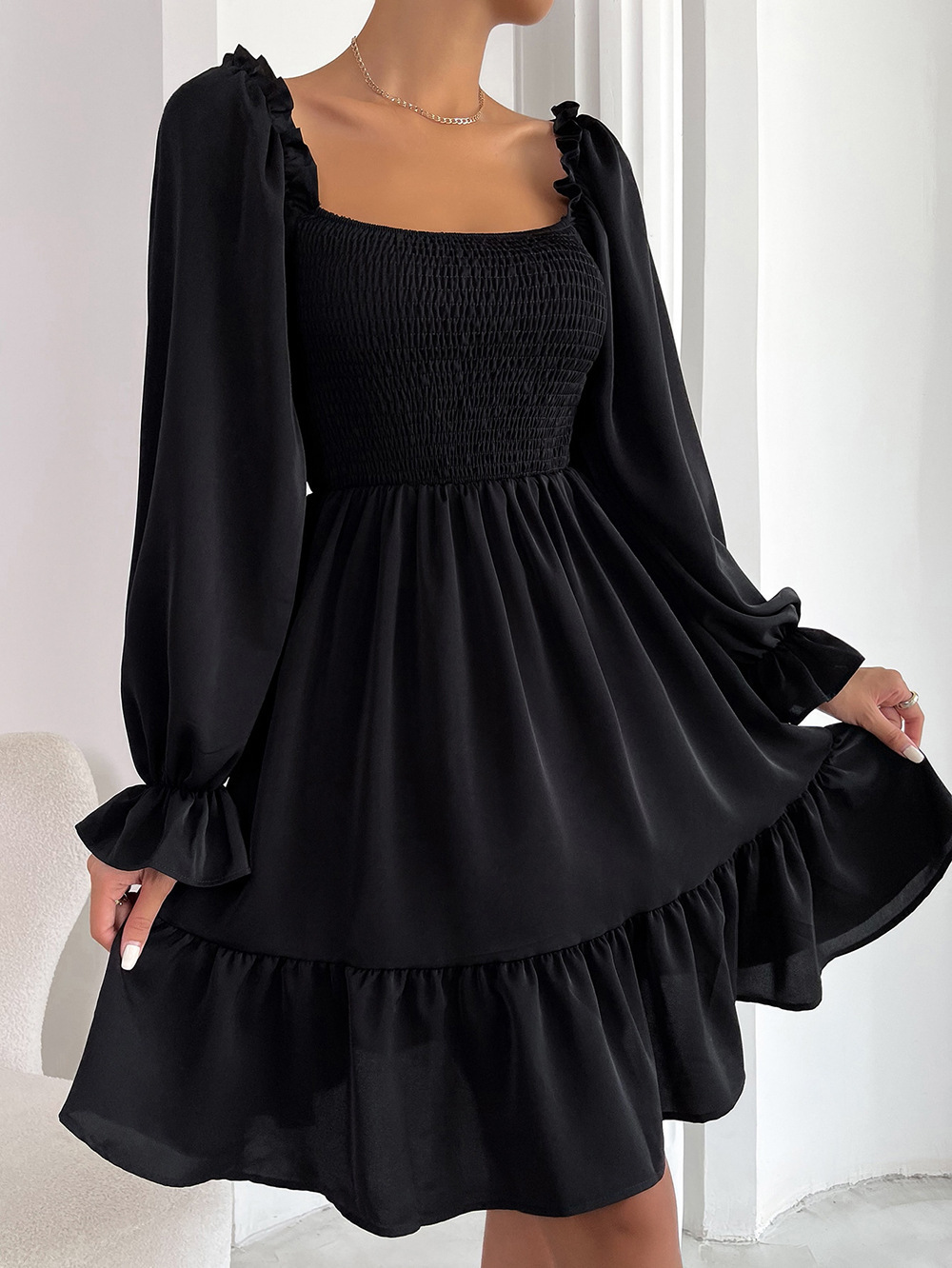 374g Weight Knee-Length Dress Length Type Long Sleeve Sleeve Length A-Line Skirt Dresses Type Flounce Sleeve Sleeve Type Polyester Fabric Type High Waist Waist Line Daily Occasion Square Neck Neckline Regular Fit Fit Type Solid Color Pattern Summer, Spring, Autumn Season Women'S Gender Ruffles Design Fashion Style Wholesale Women'S Fashion Ruffles Solid Color Daily Square Neck Long Sleeve A-Line Skirt 10