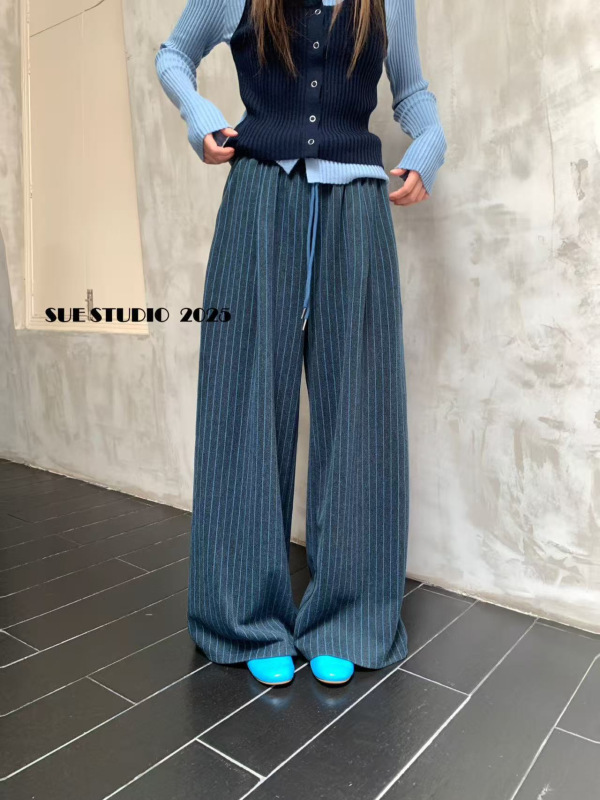 SUE十三行秋冬新款韩系简约竖纹阔腿裤加厚松紧腰显瘦休闲裤66939|undefined