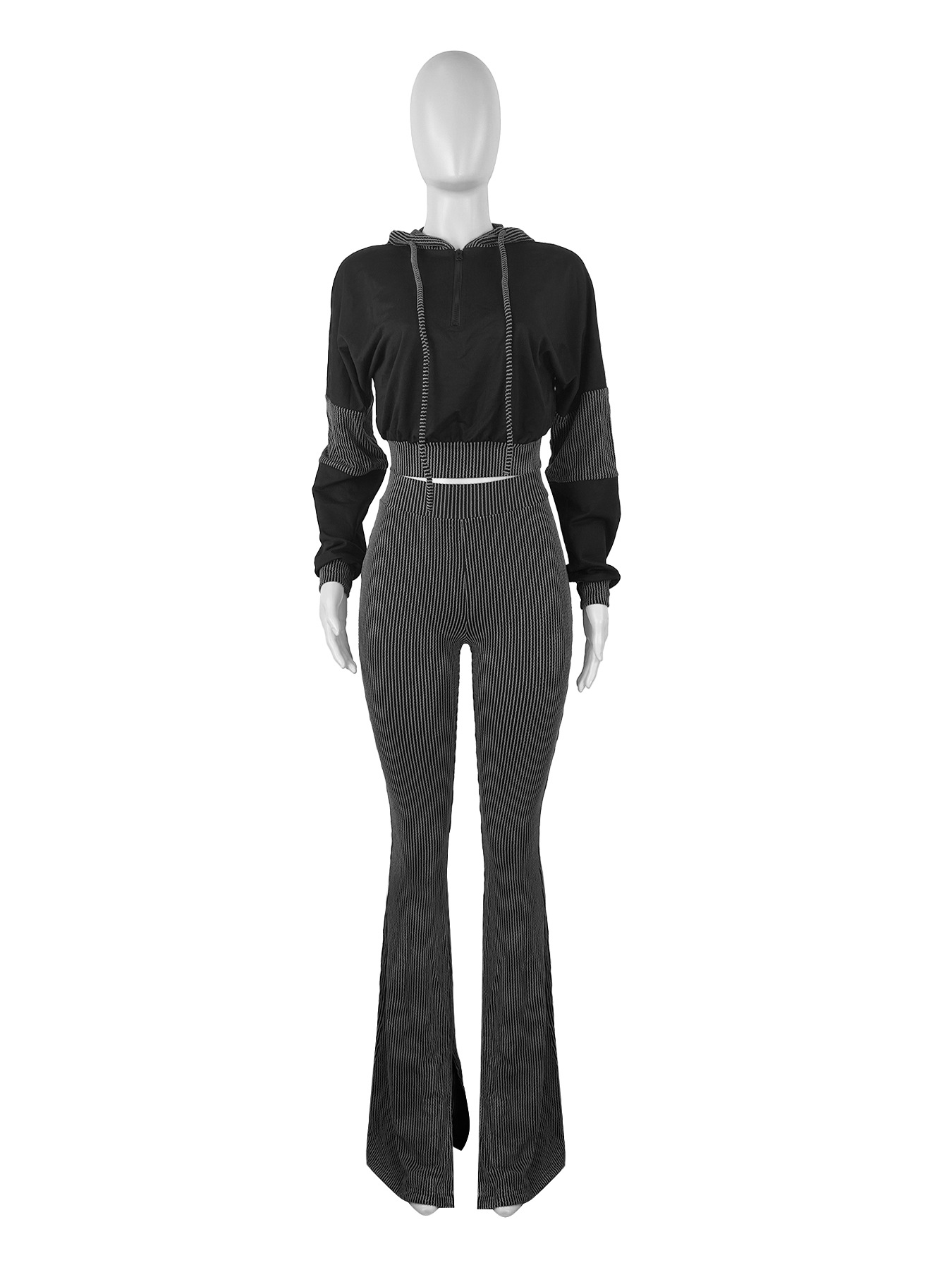 Women Clothing Twist Strip Sweater Stitching Hooded Bell Bottom Pants Two Piece Sets