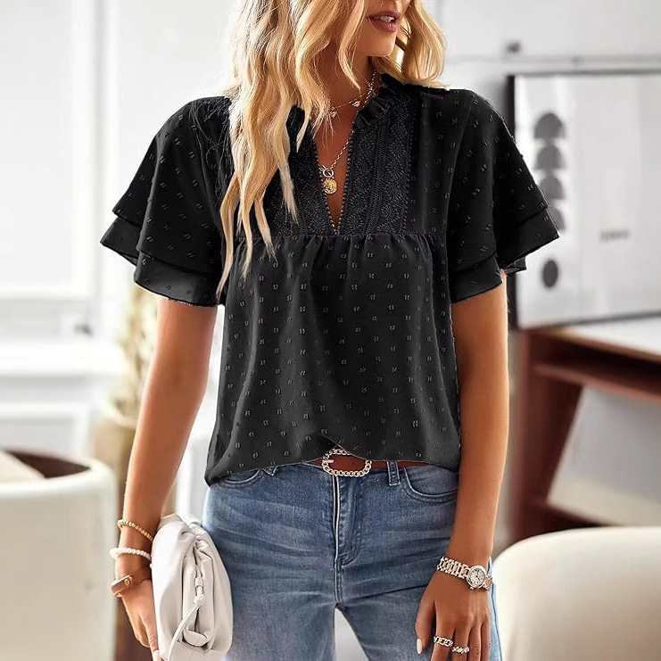 Women's Top Butterfly Sleeve V Neck Shirt Casual Flowy Swiss Dot Ruffle Short Sleeve