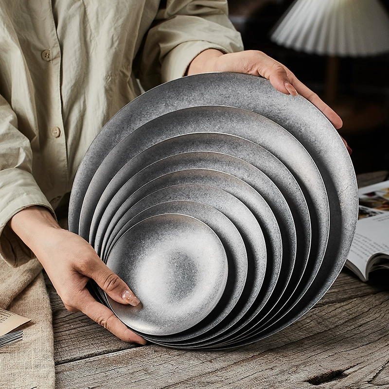 Десертная тарелка в стиле ретро, ​​креативная обеденная тарелка, плоская тарелка из нержавеющей стали 304, посуда, поднос, маленькая тарелка, круглая тарелка, неглубокая тарелка