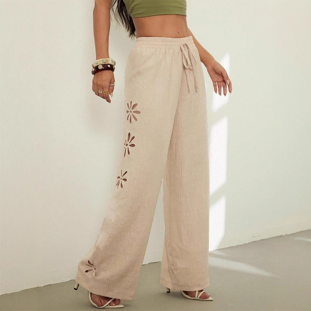 Women's Clothing Women's Casual Trousers Drawstring Hollow Out Solid Color Loose Wide Leg Pants Simple Style_ecoleips.com